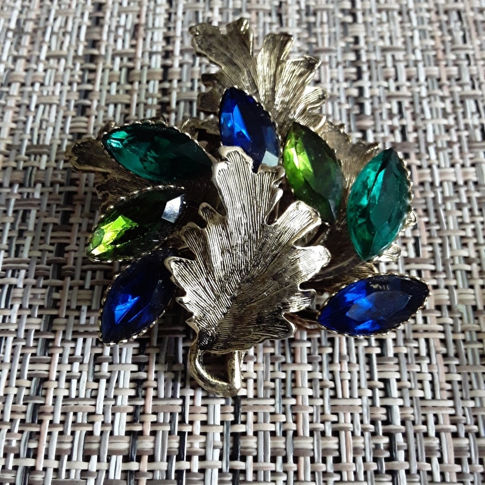 Vintage blue and green leaf brooch.